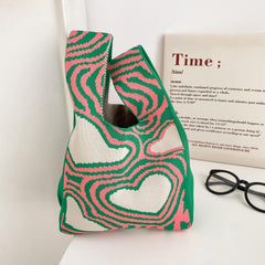 Heart Pattern Crochet Bag Colorblock Handbag for Women