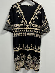  Boho Dress Women's Mesh Half Sleeve Notched Neck Dress With Pockets
