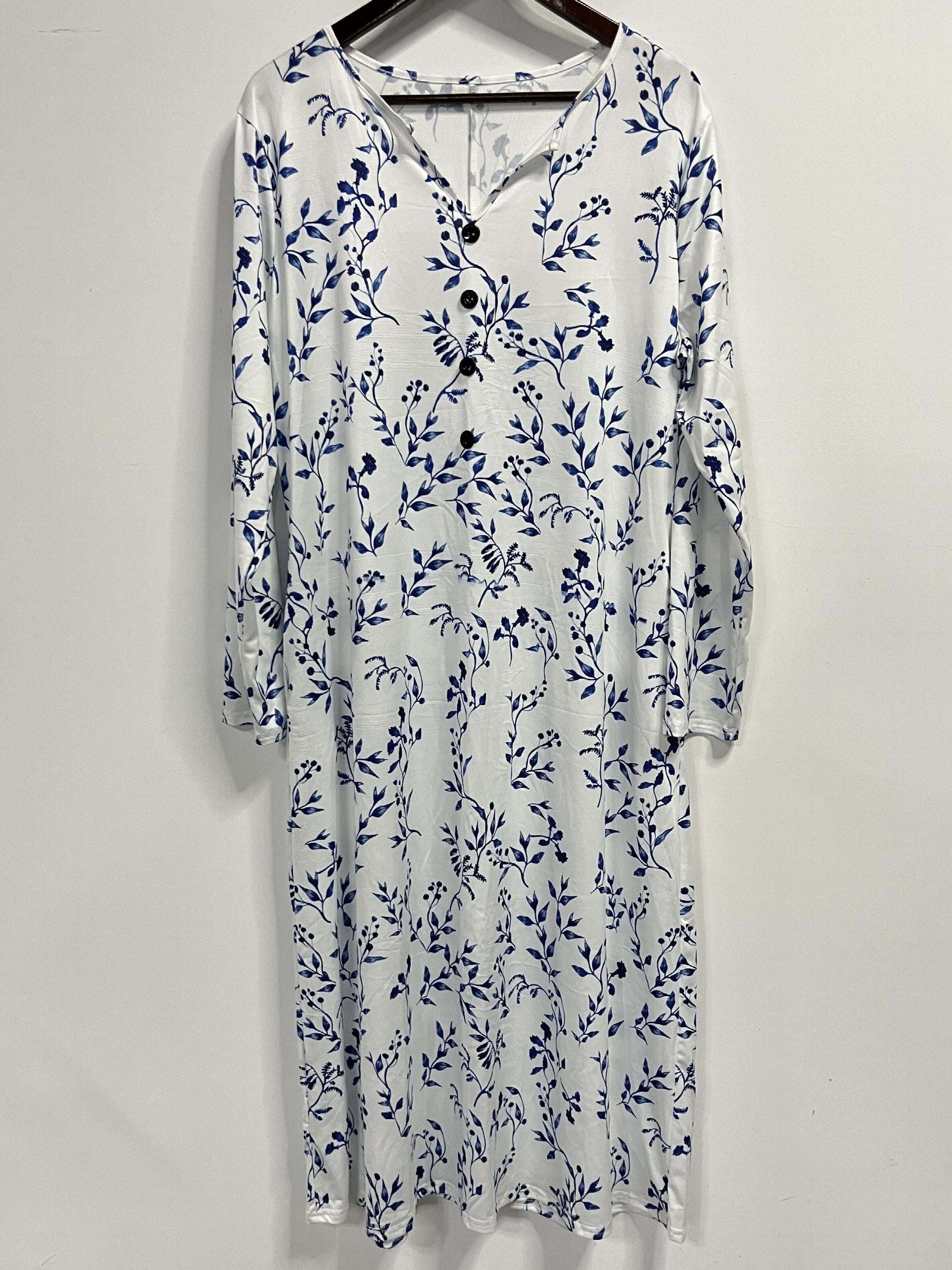  Floral Print Maxi Dress Notched Neck Long Sleeve With Pockets