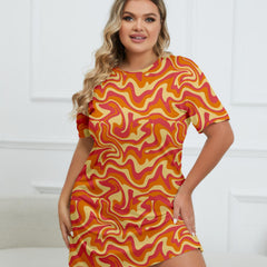  Wavy Print Round Neck Short Sleeve Dress