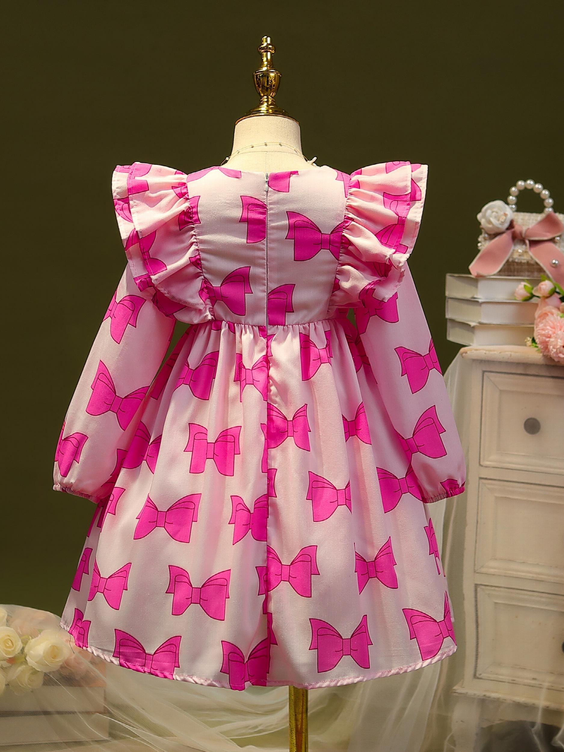 Sweet Bow Allover Princess Dress For Kid Girls Ruffle Trims Casual Dresses