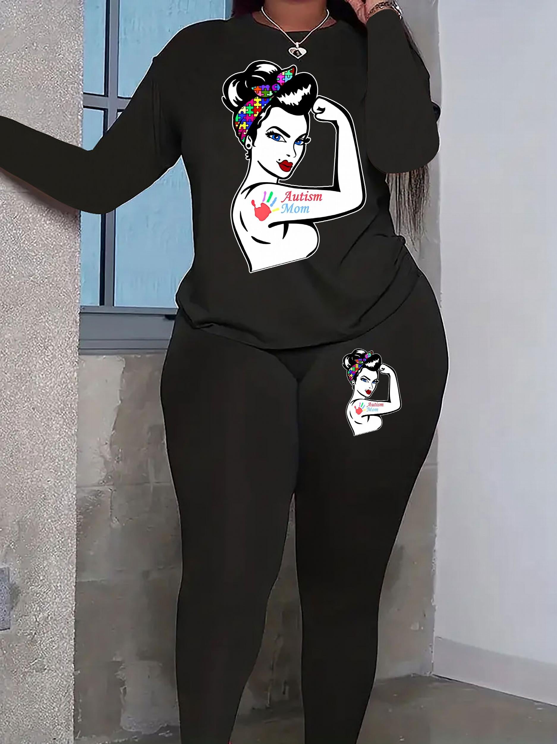  Figure & Letter Print Top & Leggings Set