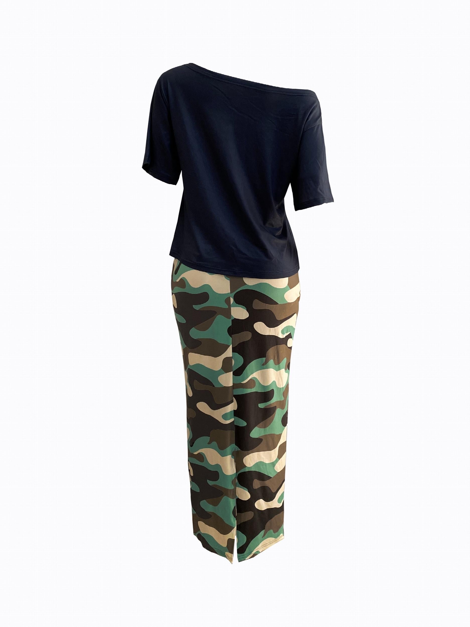 Casual Two piece Skirt Set Letter Print Top & Camouflage Drawstring Split Skirt