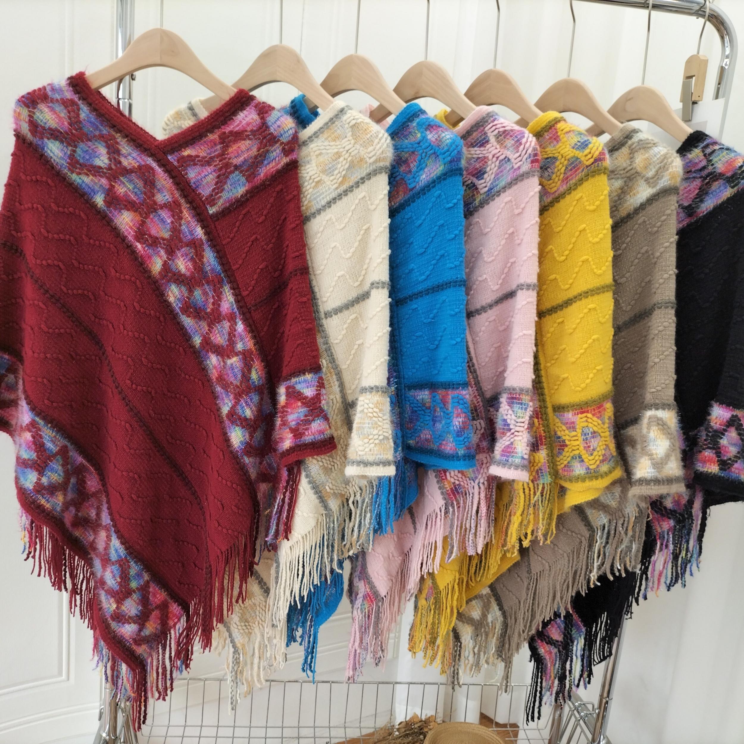 National Style Knitted Fringed Shawl V Neck for Spring & Autumn