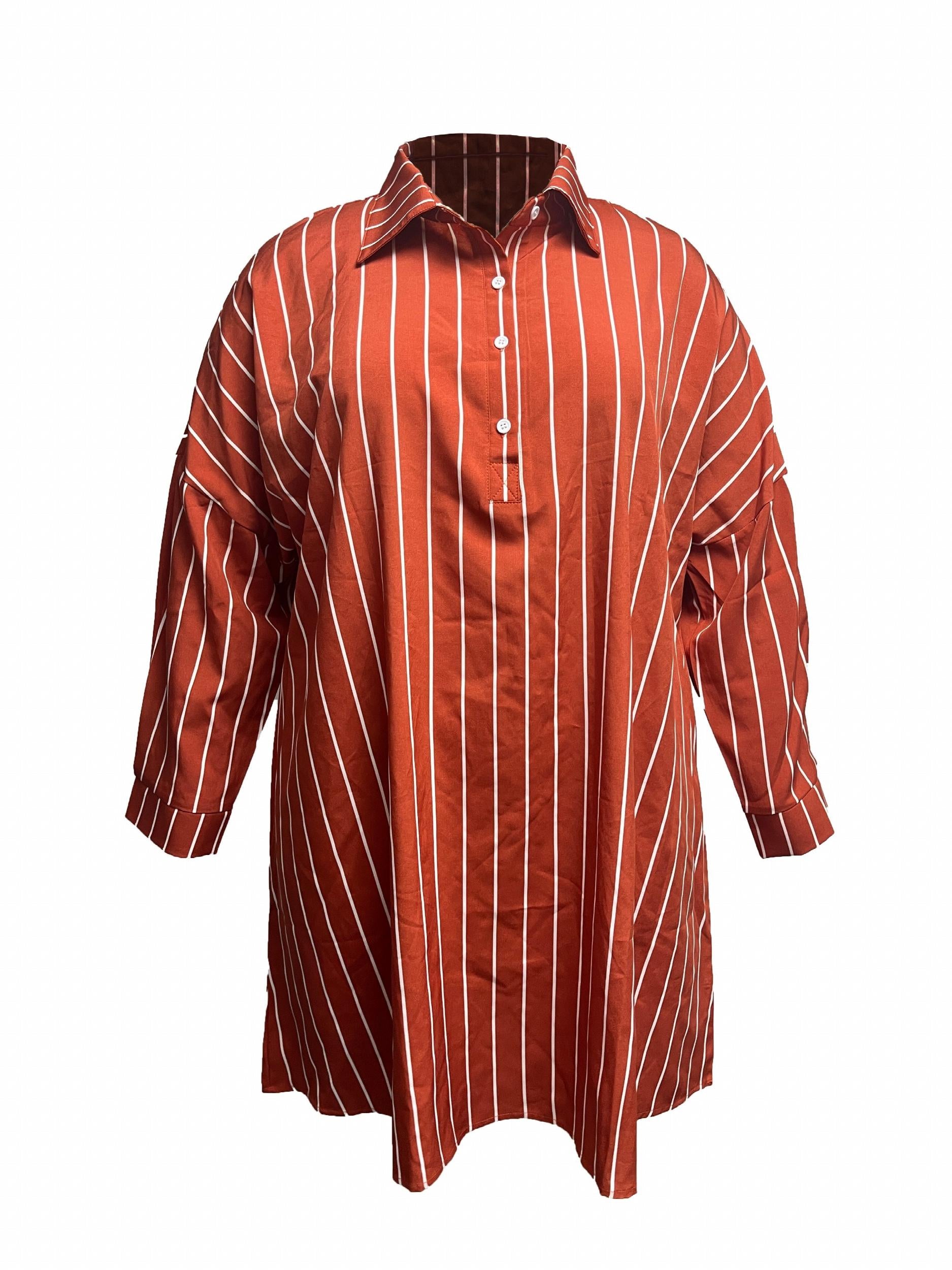  Stripe Print Long Sleeve Polo Neck Blouse