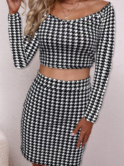 Plaid Off Shoulder Crop Top & Bodycon Skirt Set