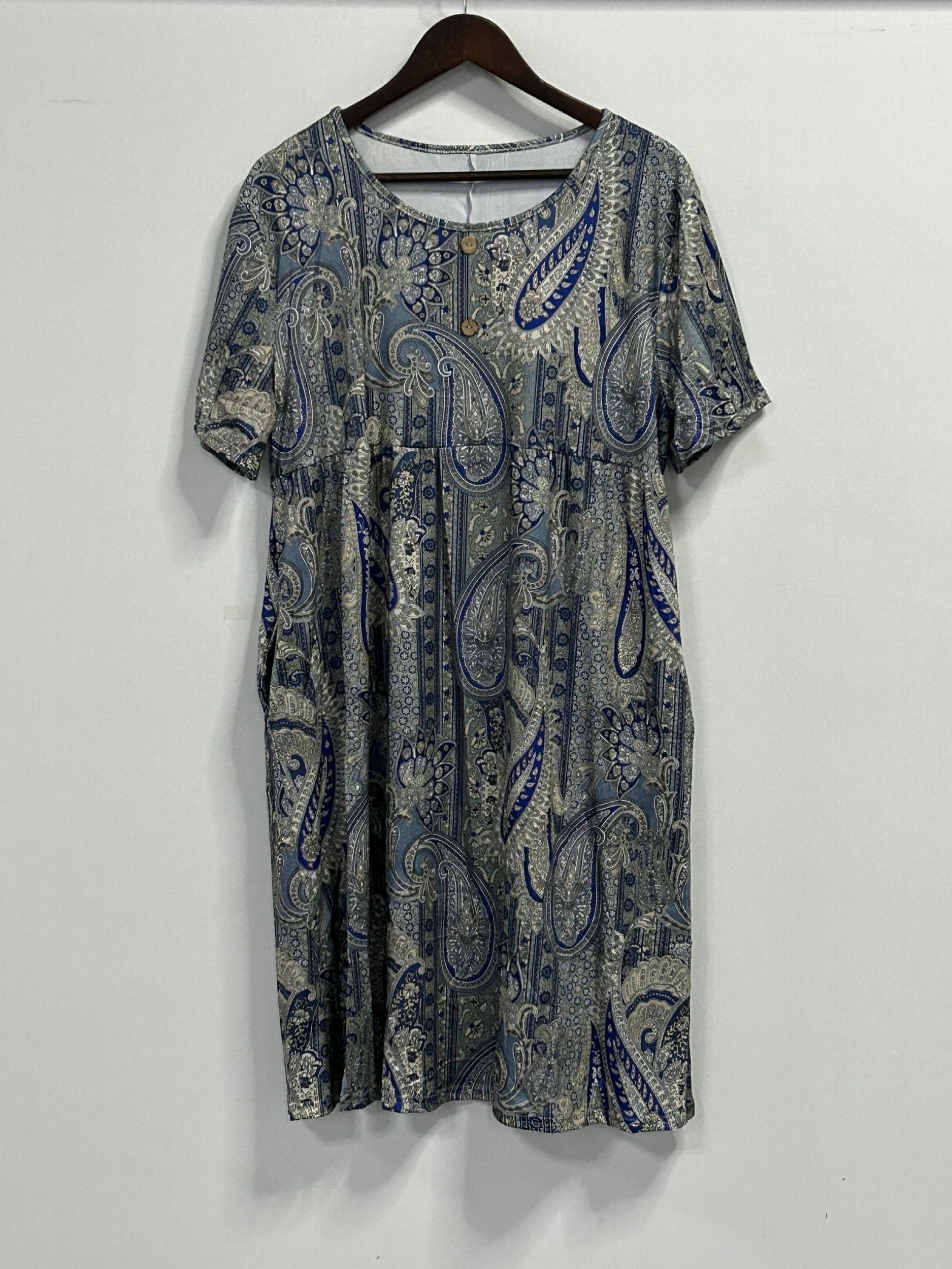  Boho Dress Women's Plus Paisley Print Short Sleeve Round Neck Dress
