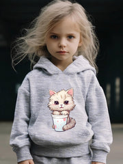 Kitty & Bottle Print 2pcs Girls Outfits, Spring Fall Outdoor Gift