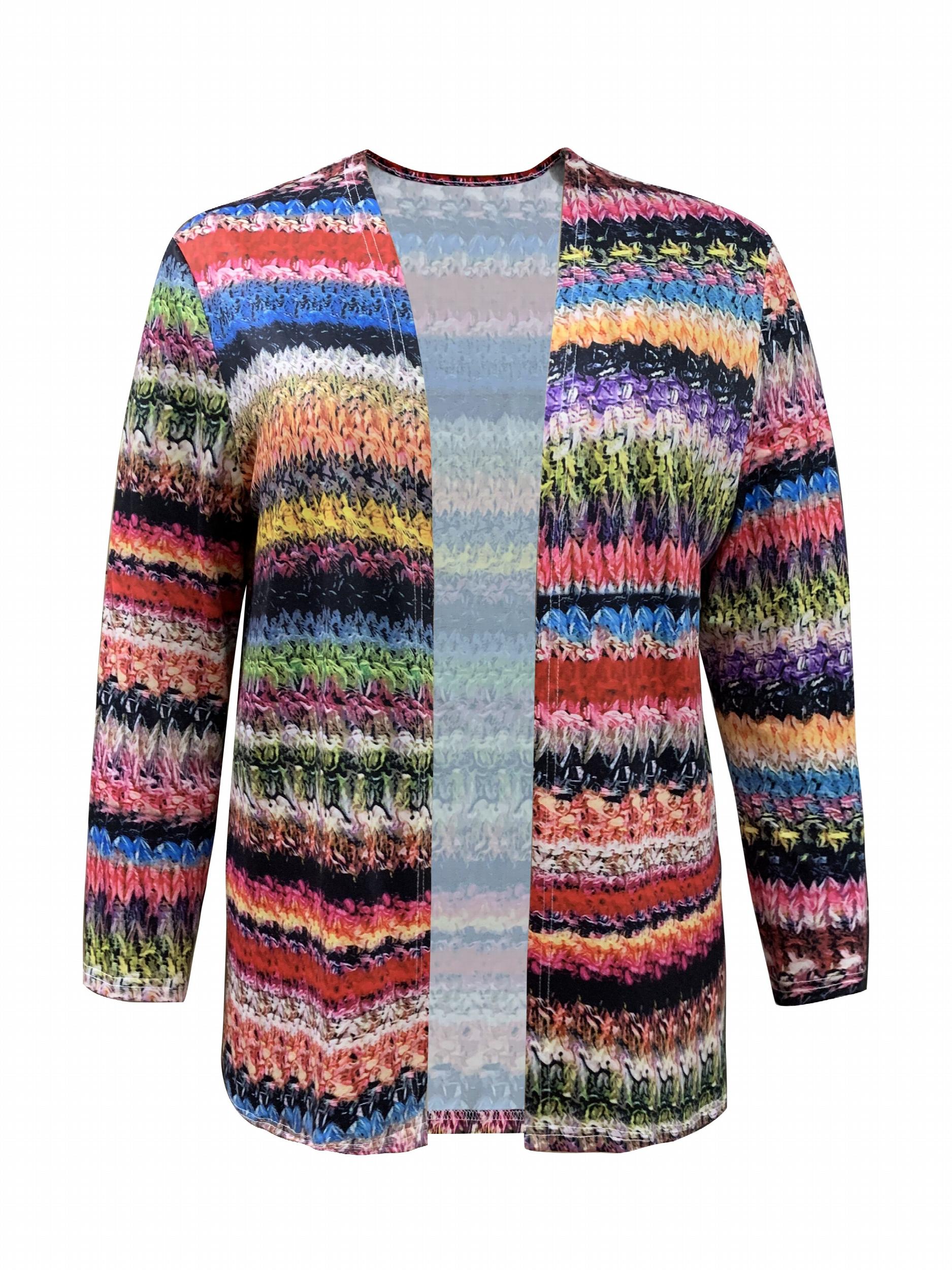  Colorblock Knit Print Long Sleeve Cardigan