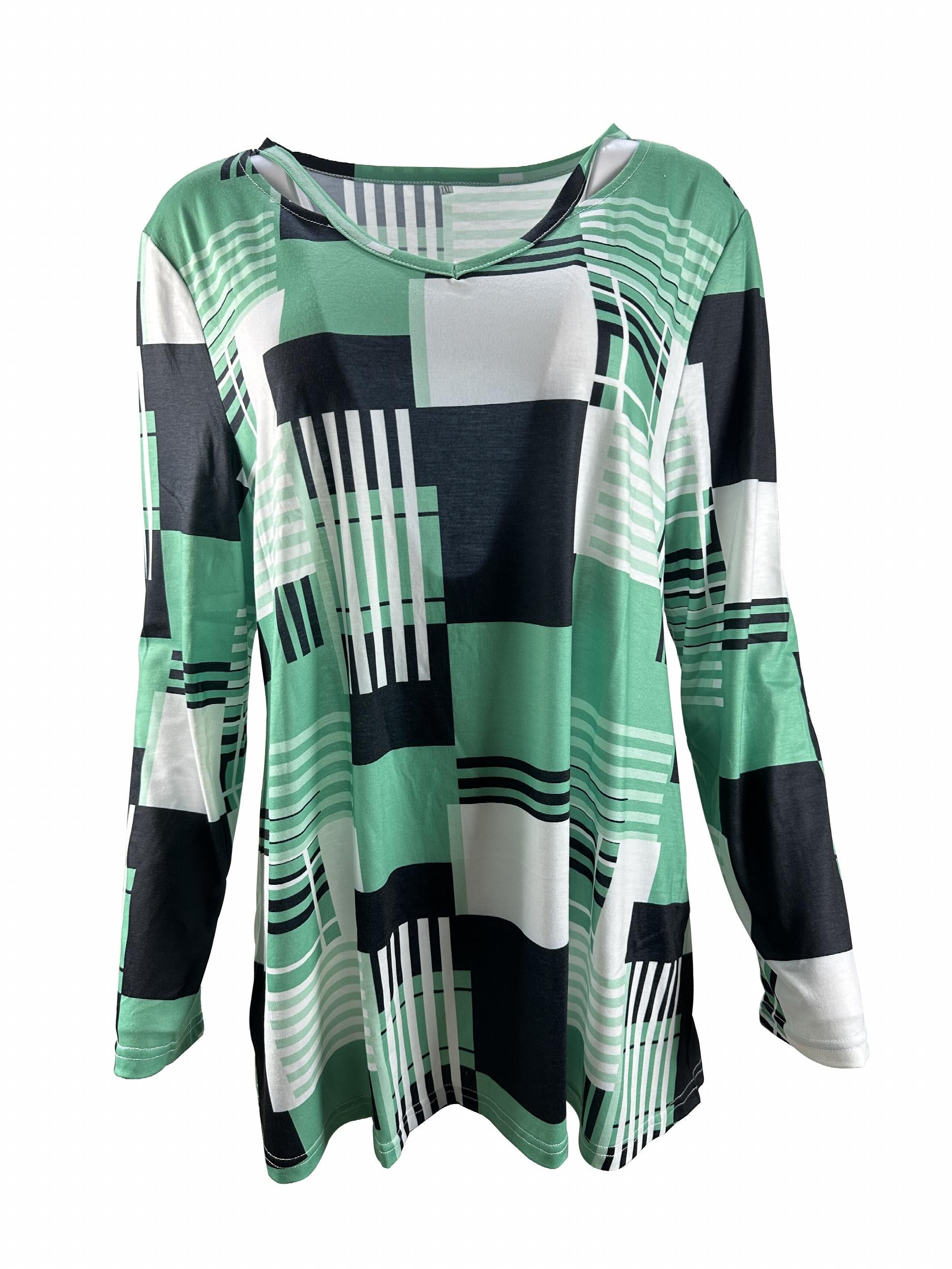  Colorblock Geo Print Long Sleeve V Neck Tunic Top