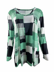  Colorblock Geo Print Long Sleeve V Neck Tunic Top