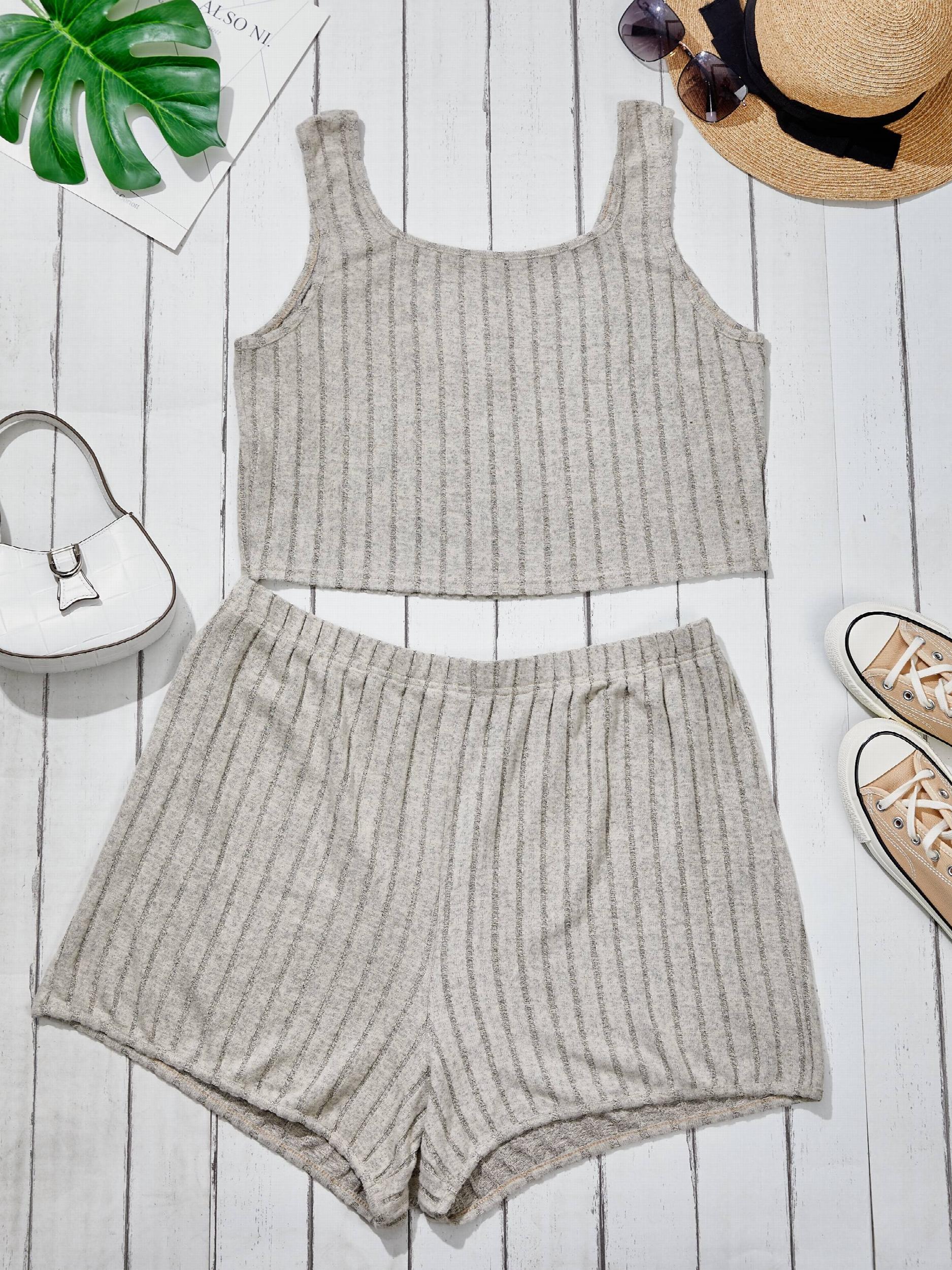  Ribbed Button Crop Tank Top & Shorts Set