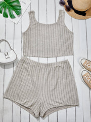  Ribbed Button Crop Tank Top & Shorts Set