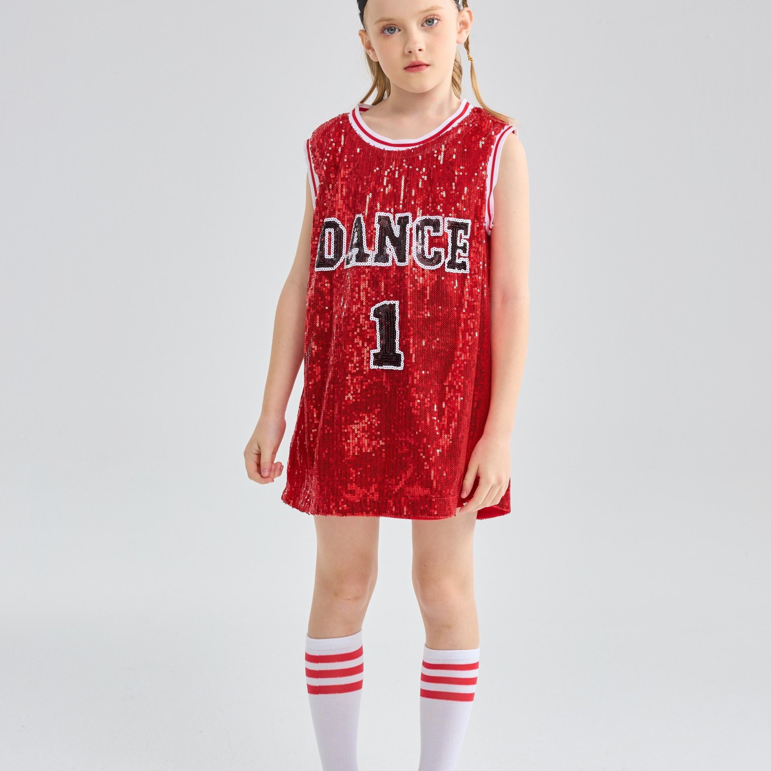 Girls Sequin Sleeveless T shirt Dress Socks Set For Dance Performance