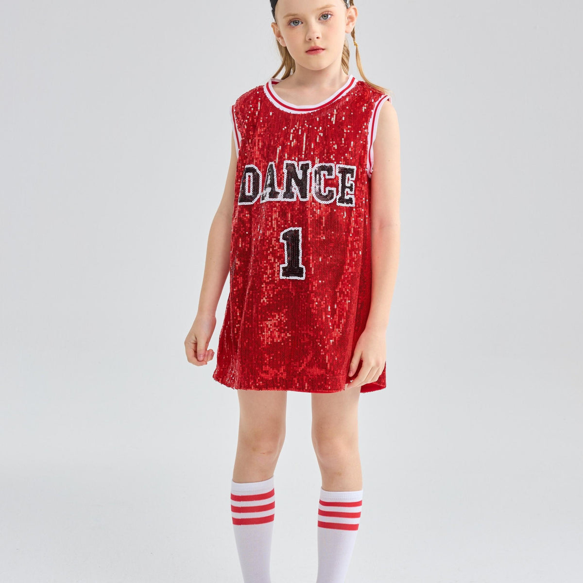 Girls Sequin Sleeveless T shirt Dress Socks Set For Dance Performance