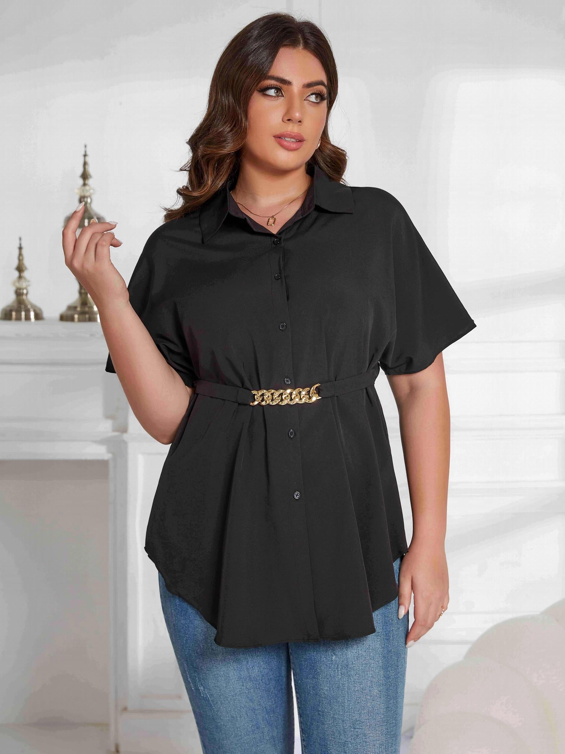  Solid Button Up Batwing Sleeve Tunic Shirt Top