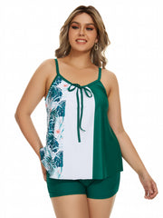  Colorblock Tropical Print V Neck Tankini Set