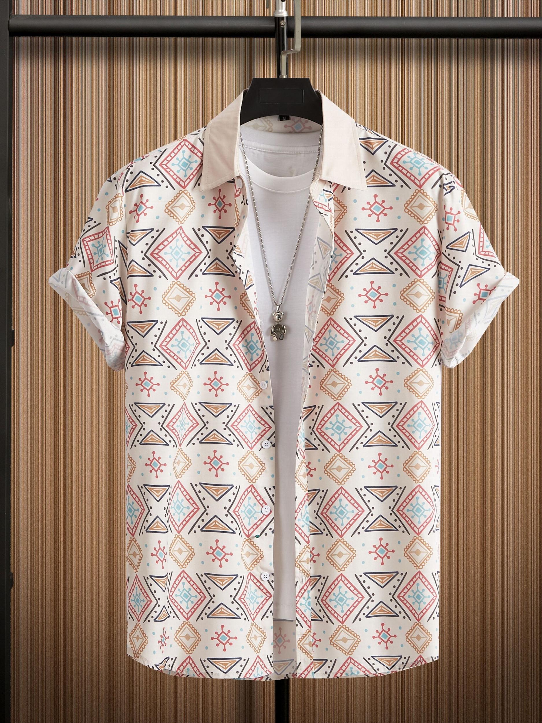 Retro Boho Men's Short Sleeve Lapel Shirt Casual Printed Button Up Tops