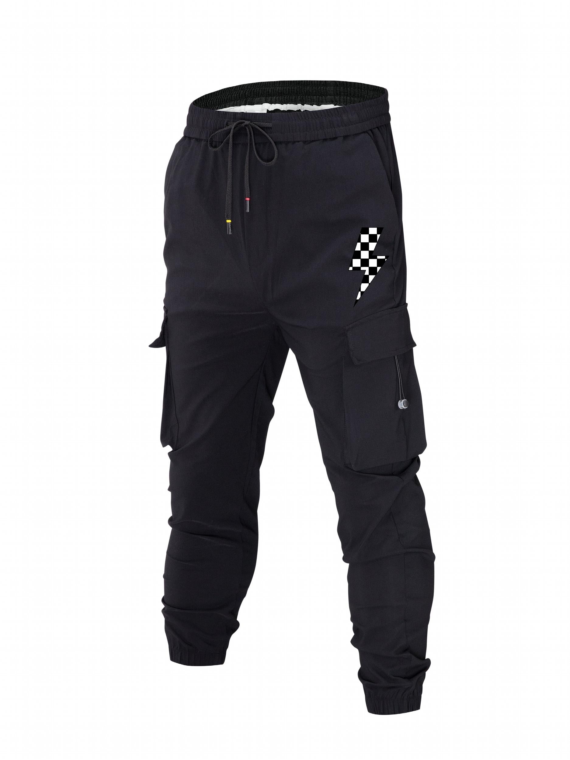 Checkerboard Lightning Print Cargo Pants Men's Drawstring Joggers