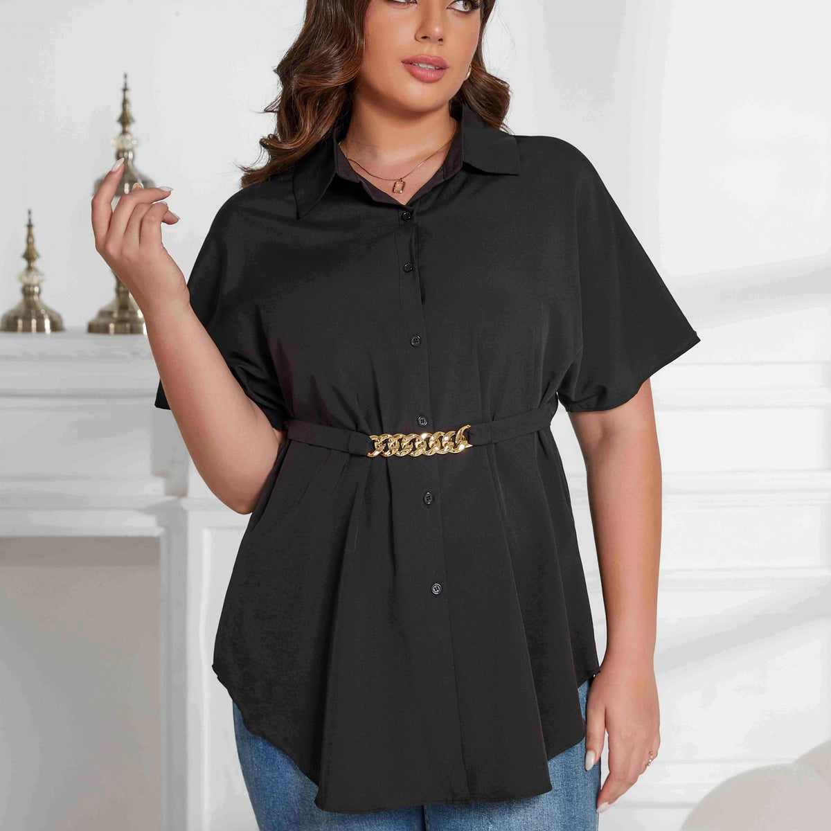  Solid Button Up Batwing Sleeve Tunic Shirt Top