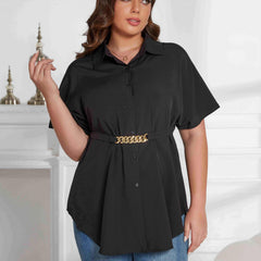  Solid Button Up Batwing Sleeve Tunic Shirt Top