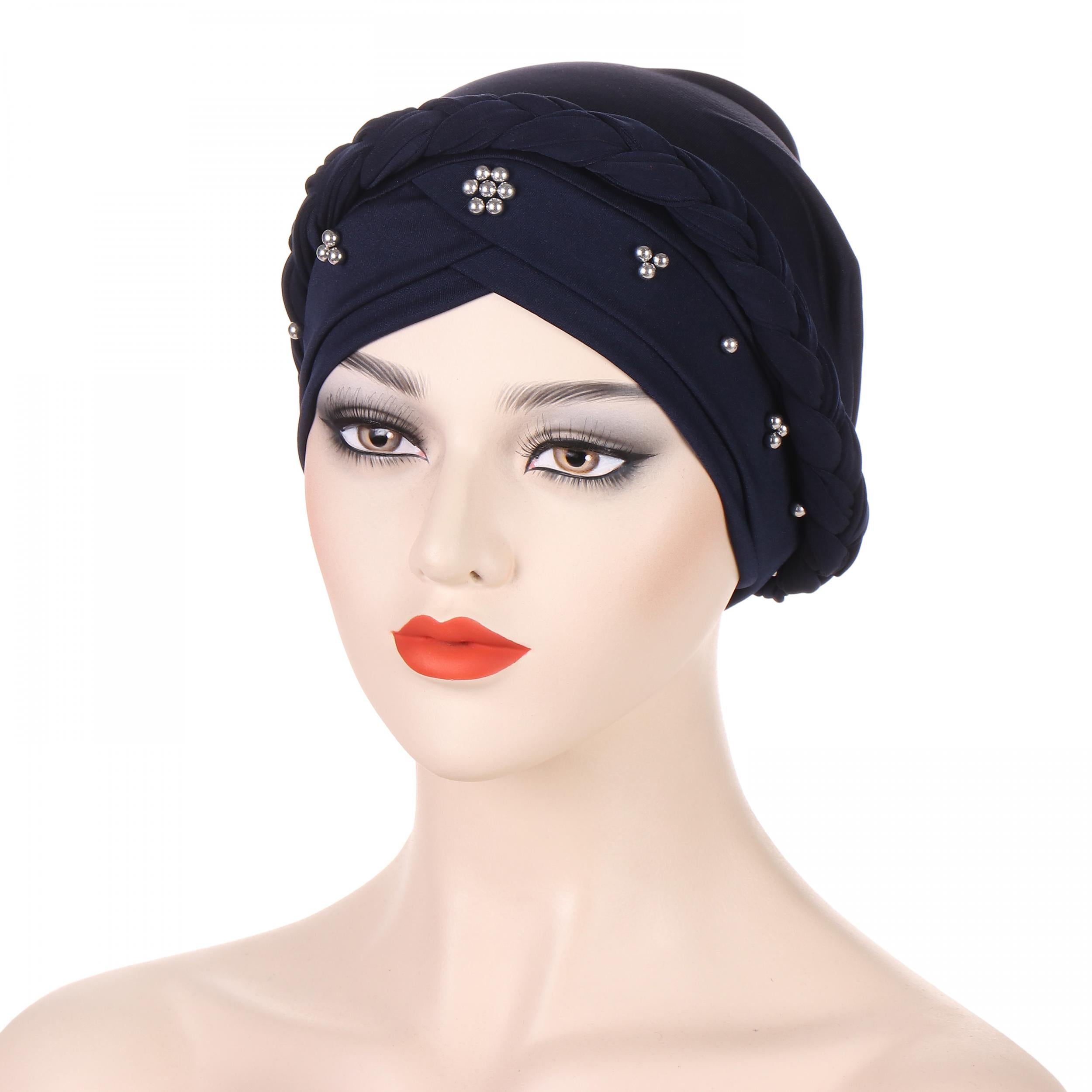 Beads Decor Braided Turban Cap Elastic Hijab Hat Lightweight Head Wraps