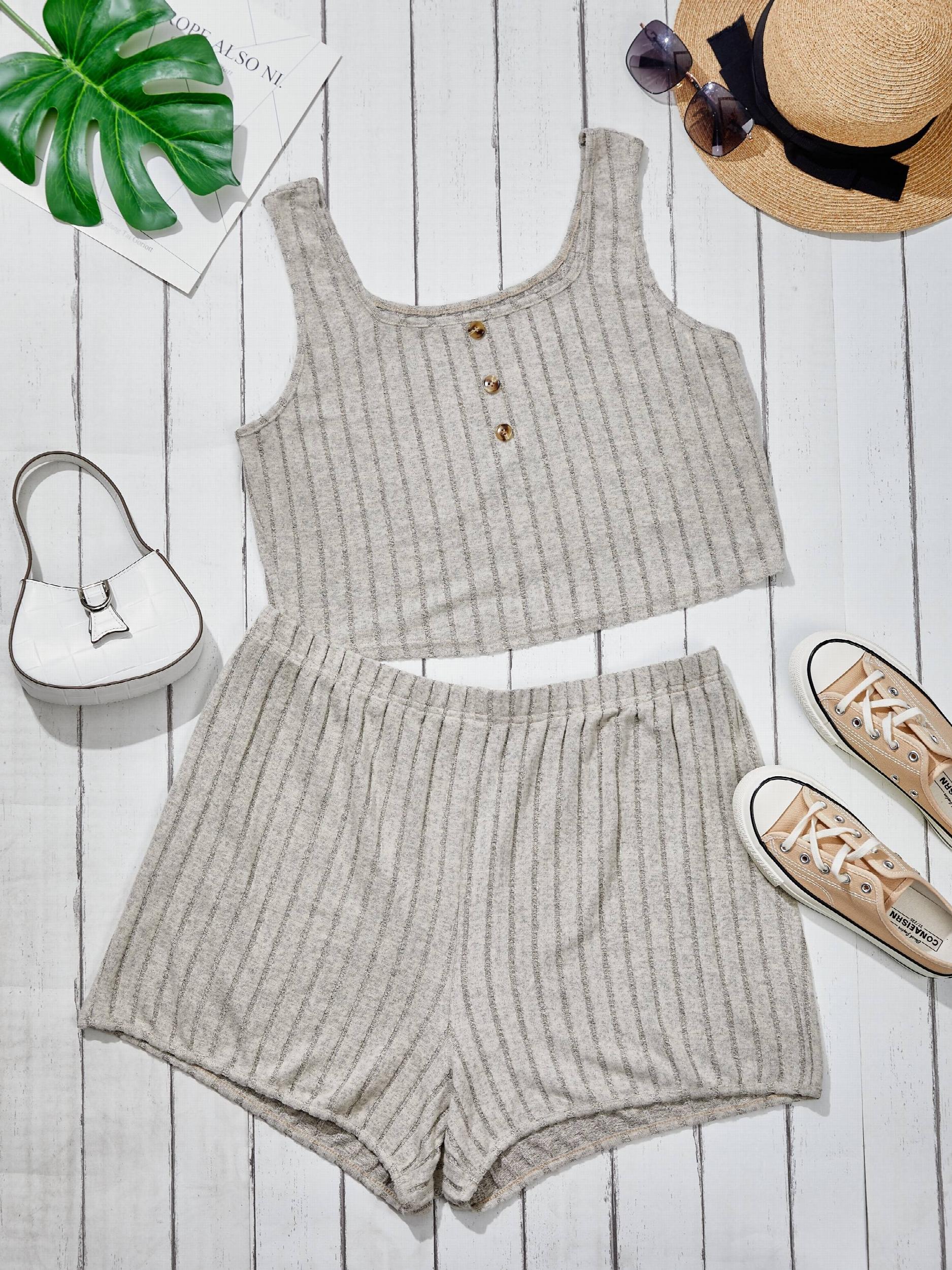  Ribbed Button Crop Tank Top & Shorts Set