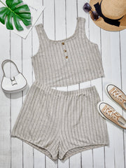  Ribbed Button Crop Tank Top & Shorts Set