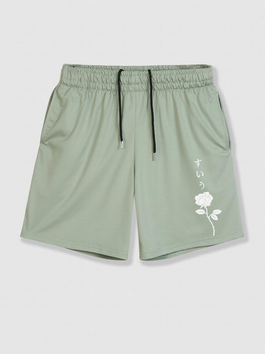 Men's Rose Print Drawstring Shorts with Pockets