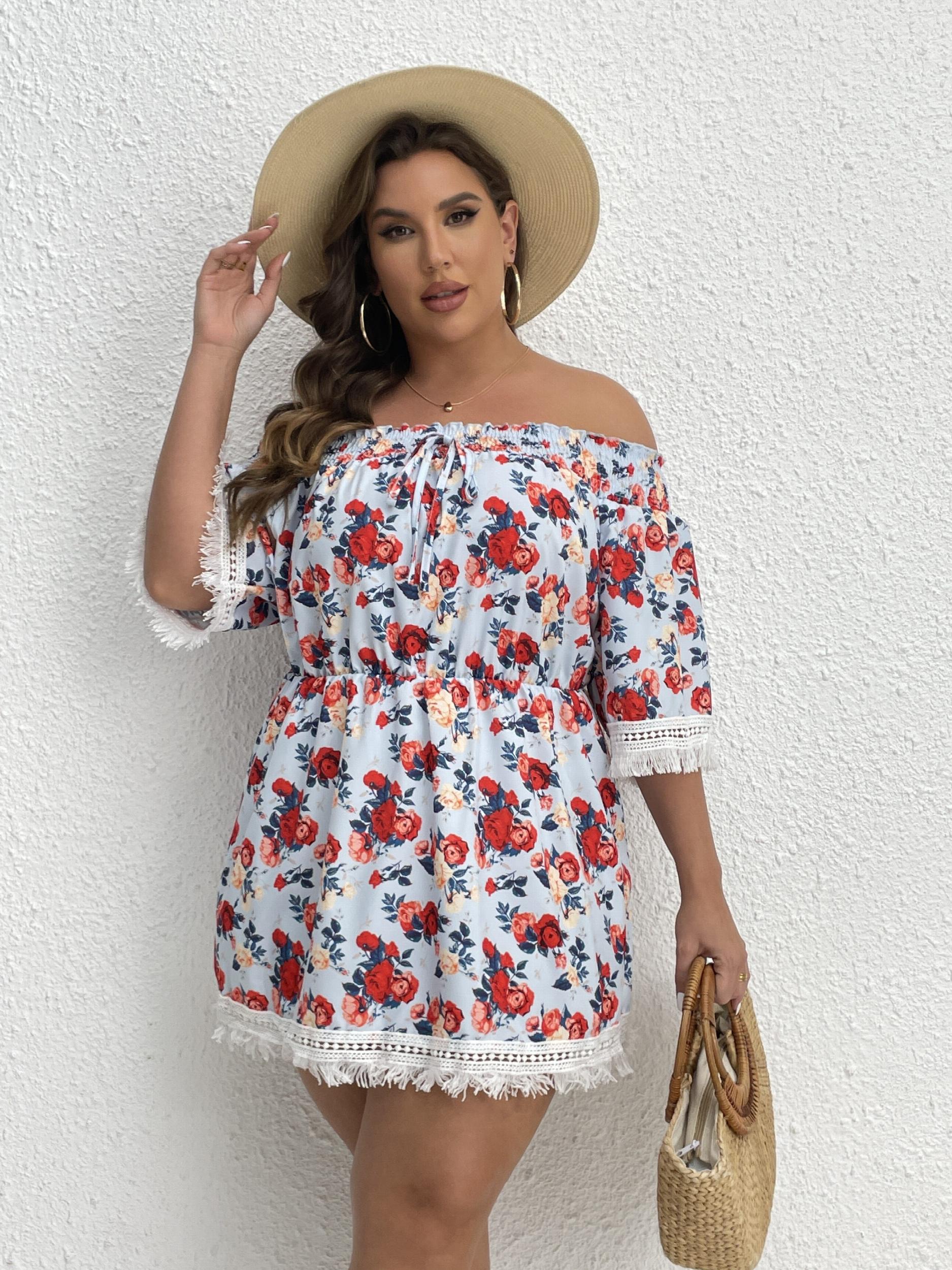  Vacay Blouse Women's Plus Shirred Rose Print Off Shoulder Tie Blouse