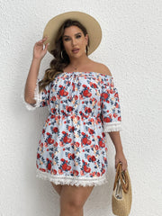  Vacay Blouse Women's Plus Shirred Rose Print Off Shoulder Tie Blouse