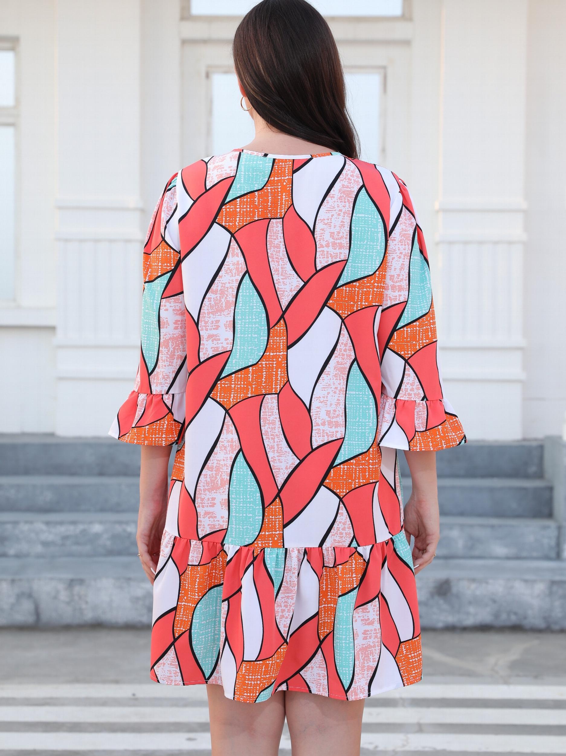  Geometric Print Bell Sleeve Tie Front Dress