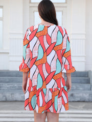  Geometric Print Bell Sleeve Tie Front Dress