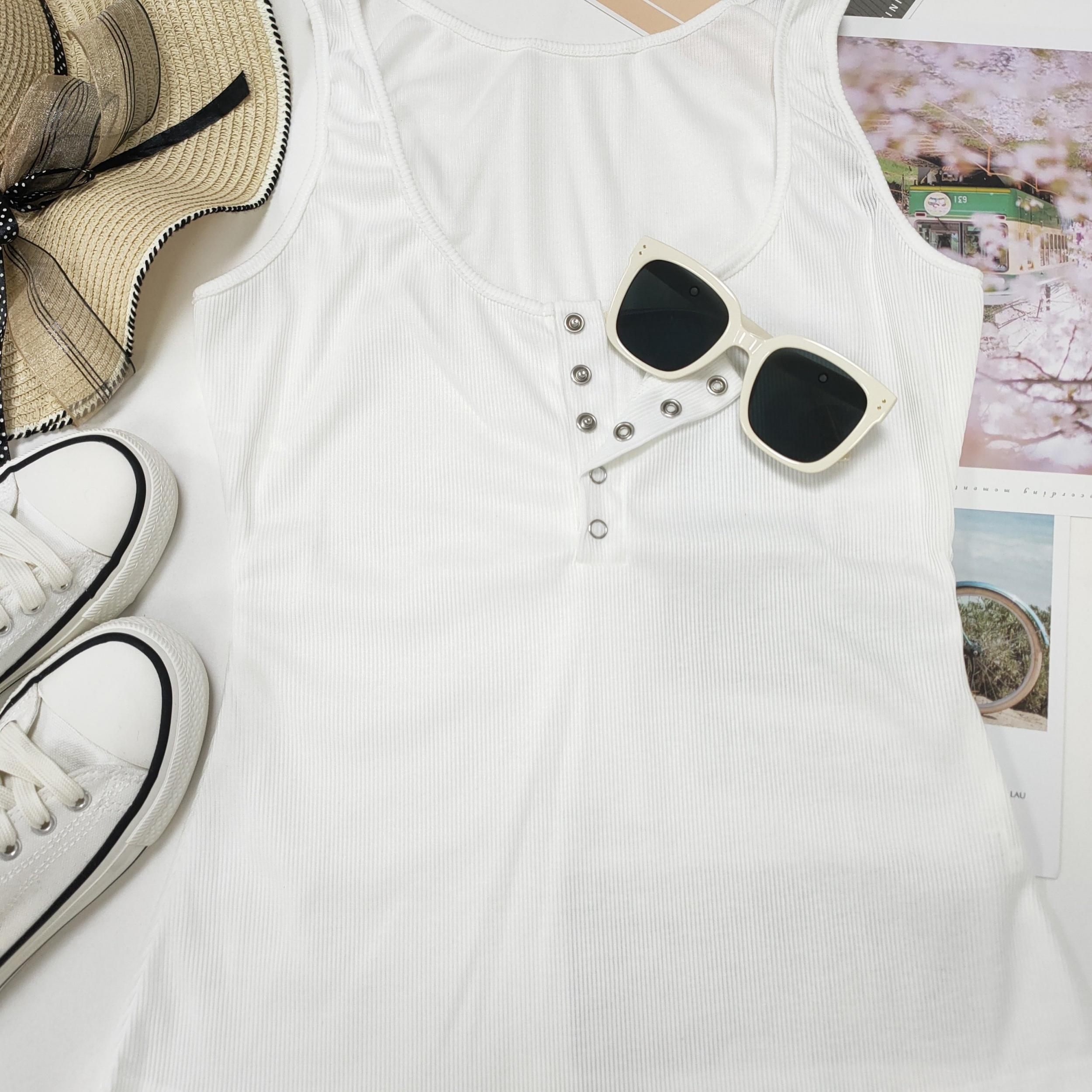  Ribbed Button Up Scoop Neck Tank Top