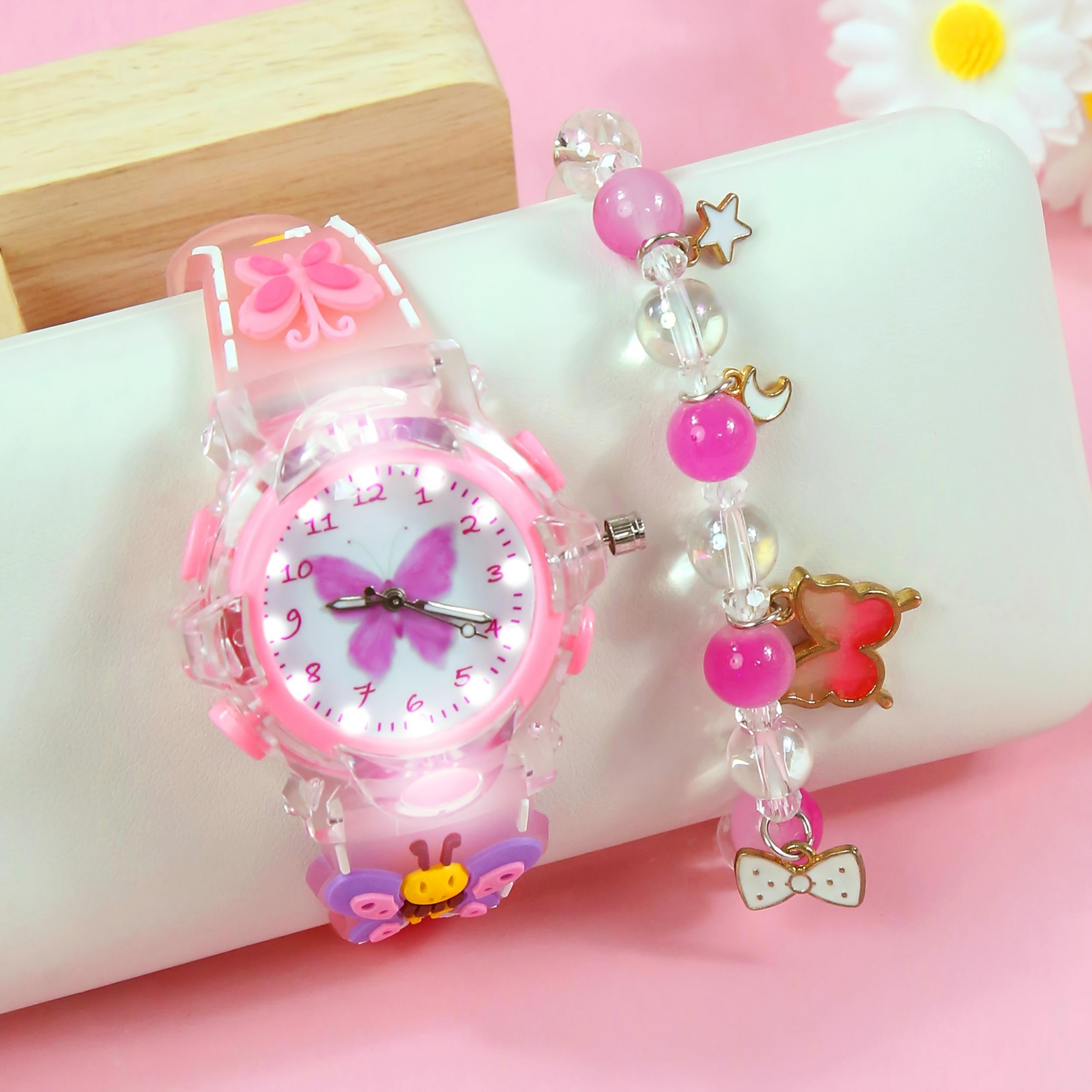 2pcs Girls' Quartz Watch Set with Butterfly Silicone Strap & LED Light