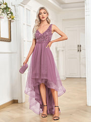 V Neck Sequined Dress Sleeveless Contrast Mesh Dress for Party