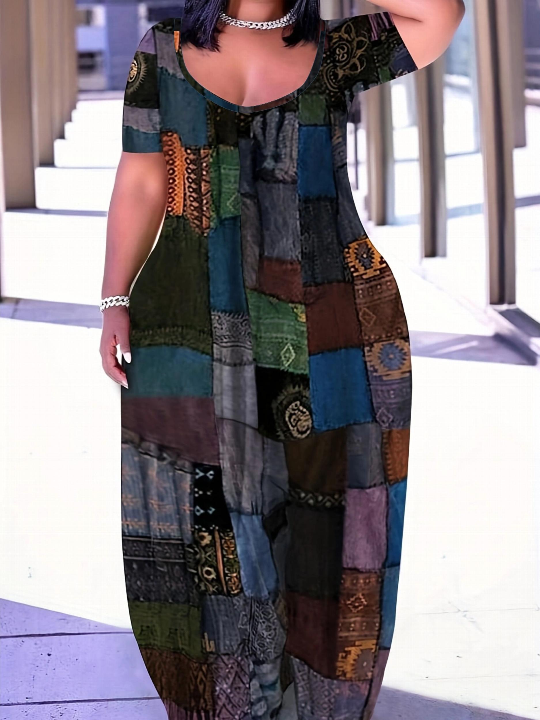  Colorblock Print Short Sleeve Dress