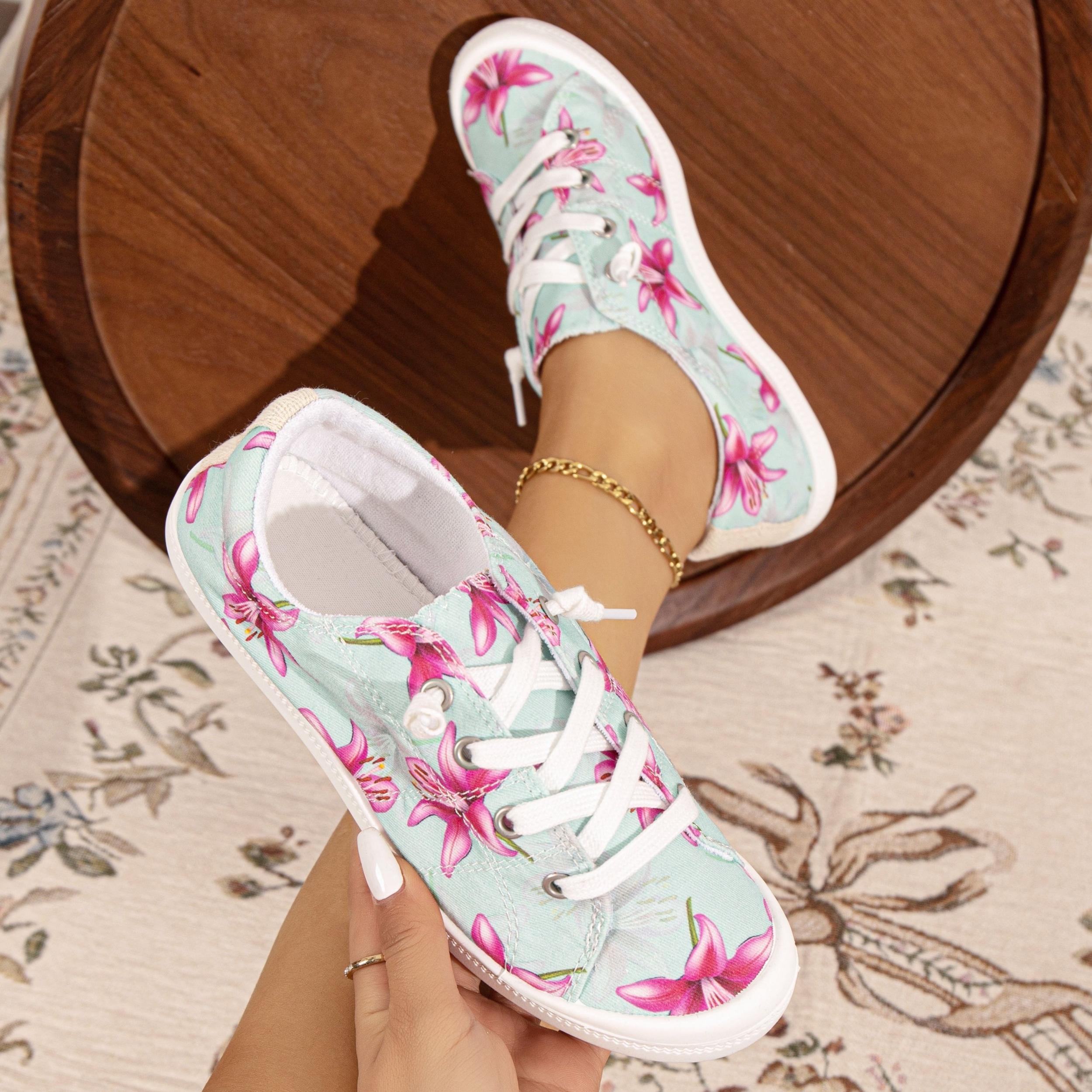 Women's Lily Flower Canvas Shoes Lace Up Low Top Sneakers