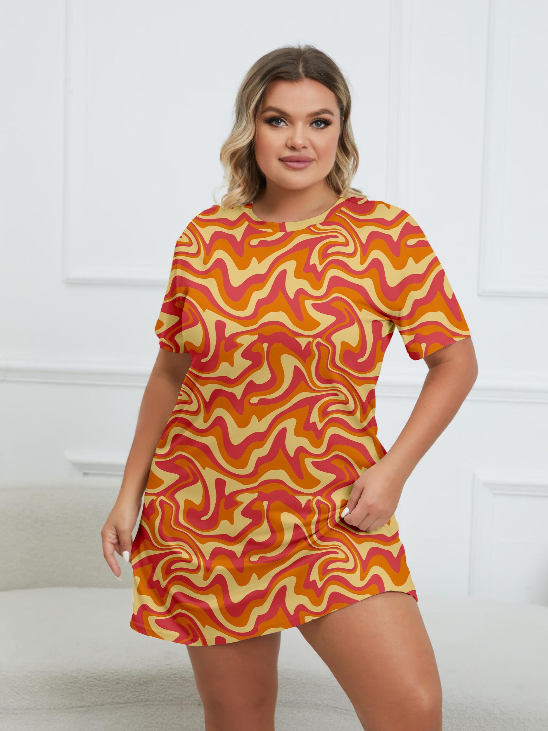  Wavy Print Round Neck Short Sleeve Dress