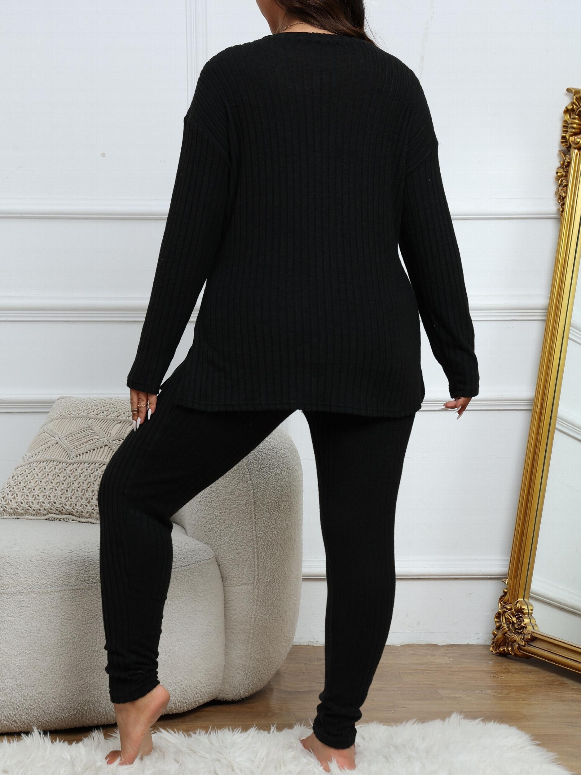  Ribbed Knit Lounge Set Long Sleeve Top & Leggings Pajamas
