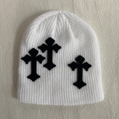 Gothic Cross Patch Knitted Beanie Solid Skull Hat Hip Hop Warm Knit Hat