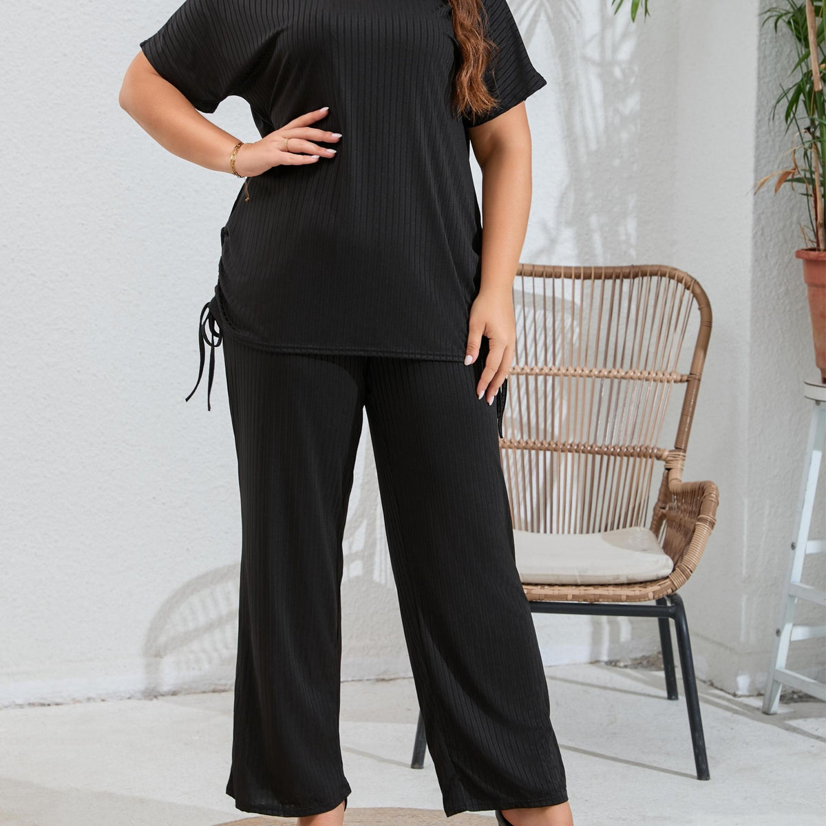  Ribbed Batwing Top & Wide Leg Pants Set