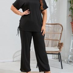  Ribbed Batwing Top & Wide Leg Pants Set