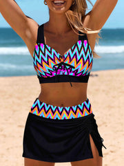  Geo Print Bikini Set with Lace Up Split Skirt