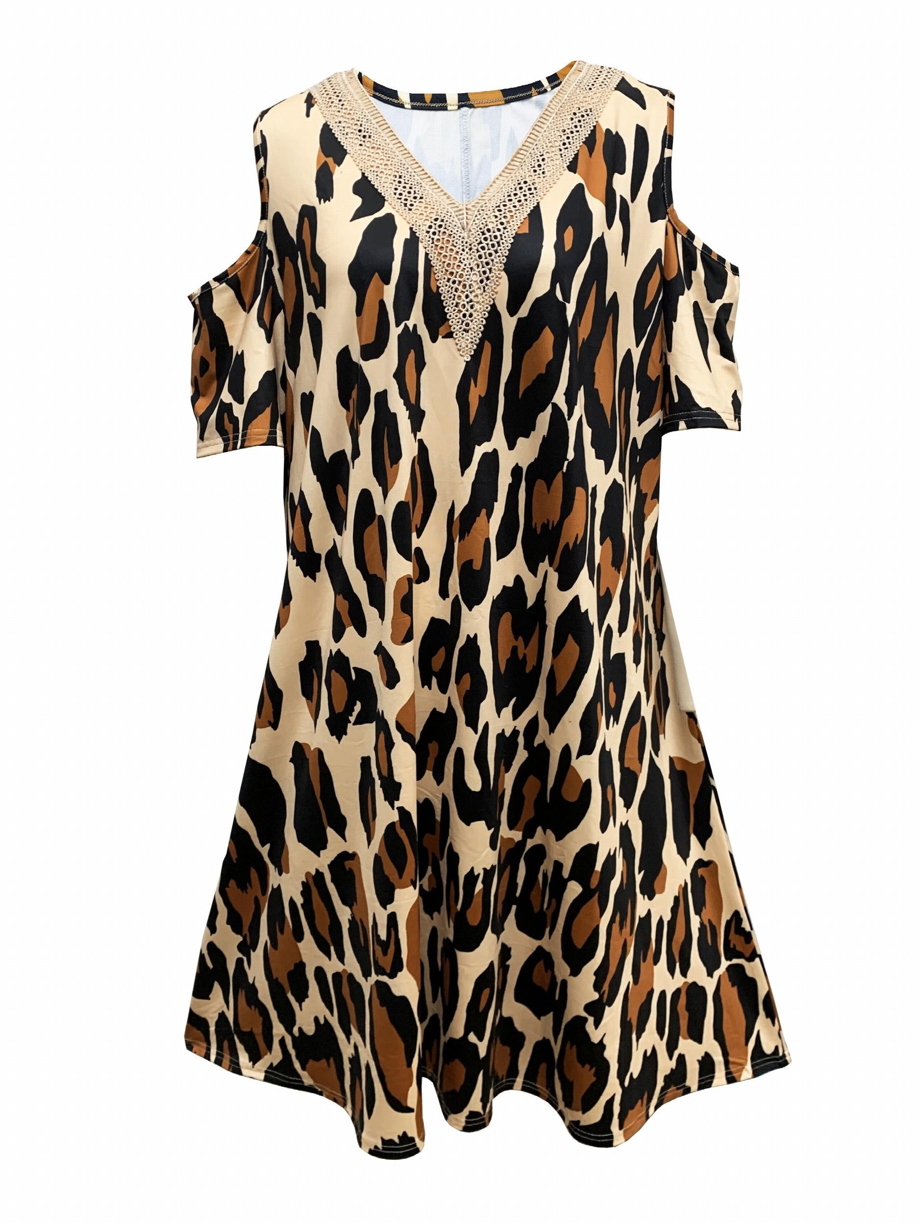  Leopard Print Lace V Neck Cold Shoulder Midi Dress