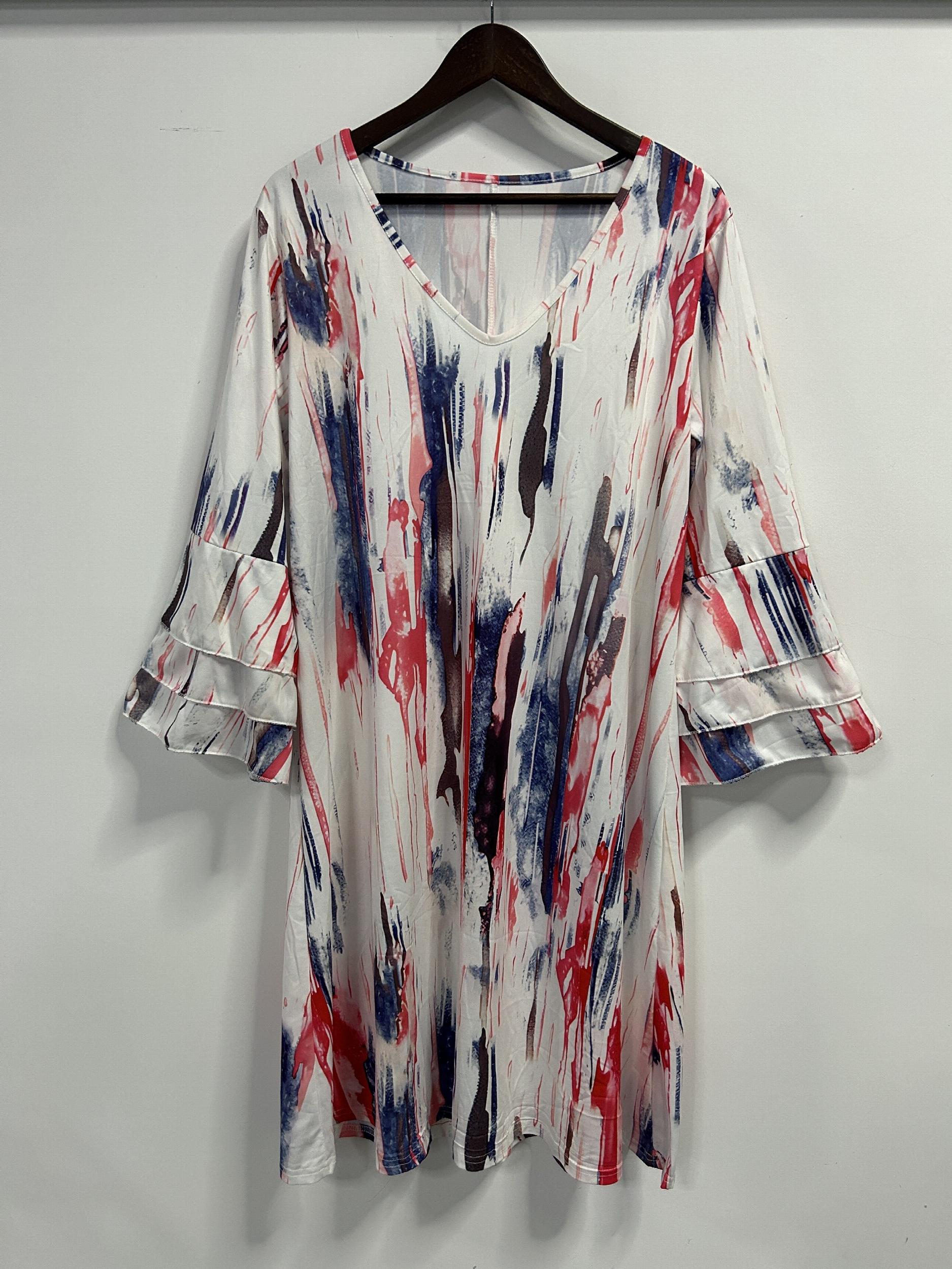  Tie Dye Layered Three Quarter Sleeve V Neck Dress