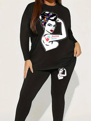  Figure & Letter Print Top & Leggings Set
