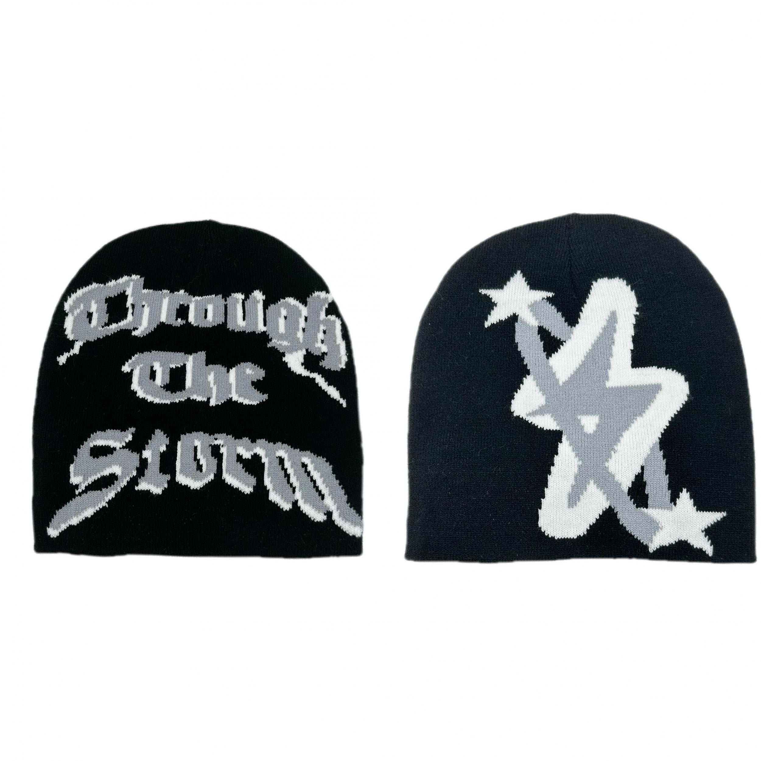 Y2K Beanie Cap Hats with Candy Gothic Letter & Lightning Pattern Unisex