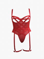  Open Cup Crisscross Mesh Gartered Teddy Bodysuit