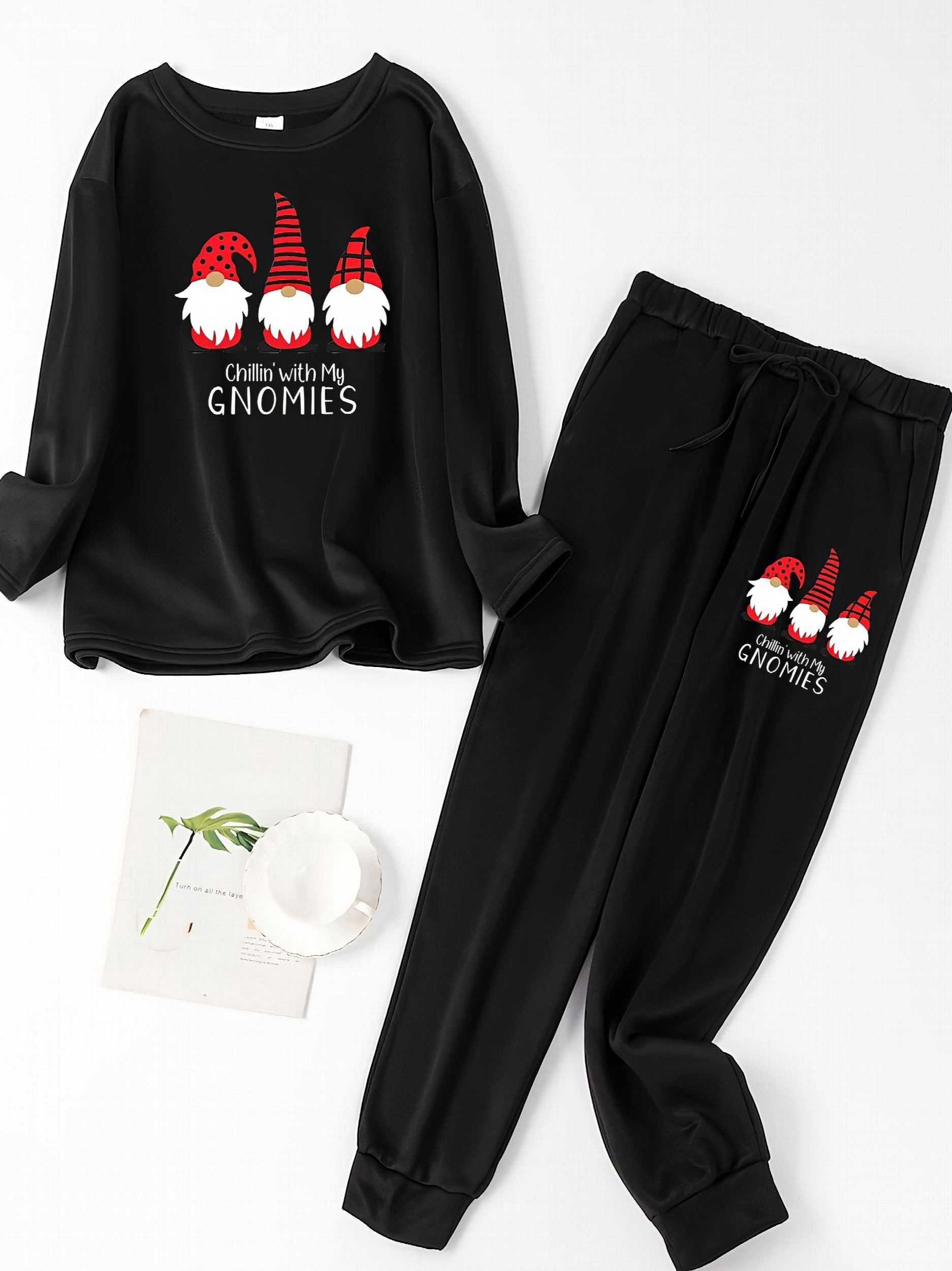  Christmas Lounge Set Gnomes & Letter Print Tee & Joggers Pajamas
